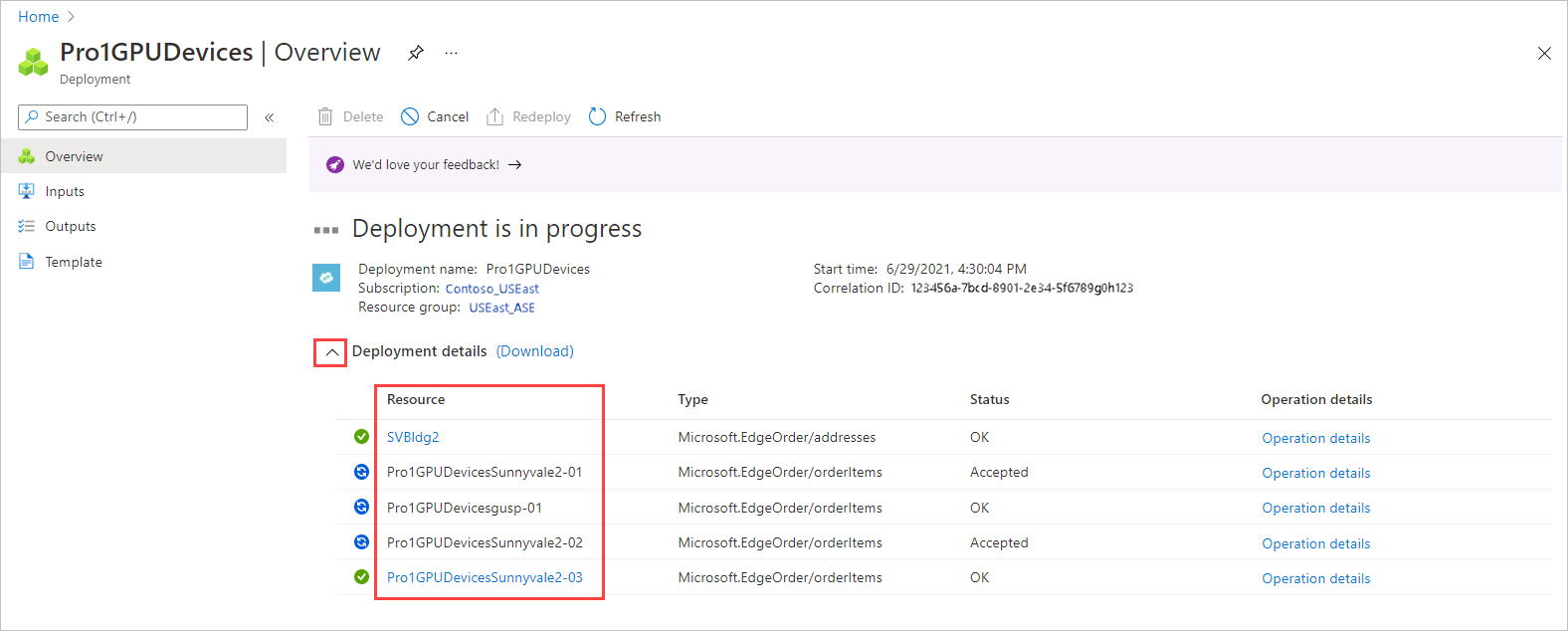 Screenshot: Bereitstellungsdetails während der Bereitstellung einer Azure Edge Hardware Center-Bestellung. Ressourcendetails sind hervorgehoben.