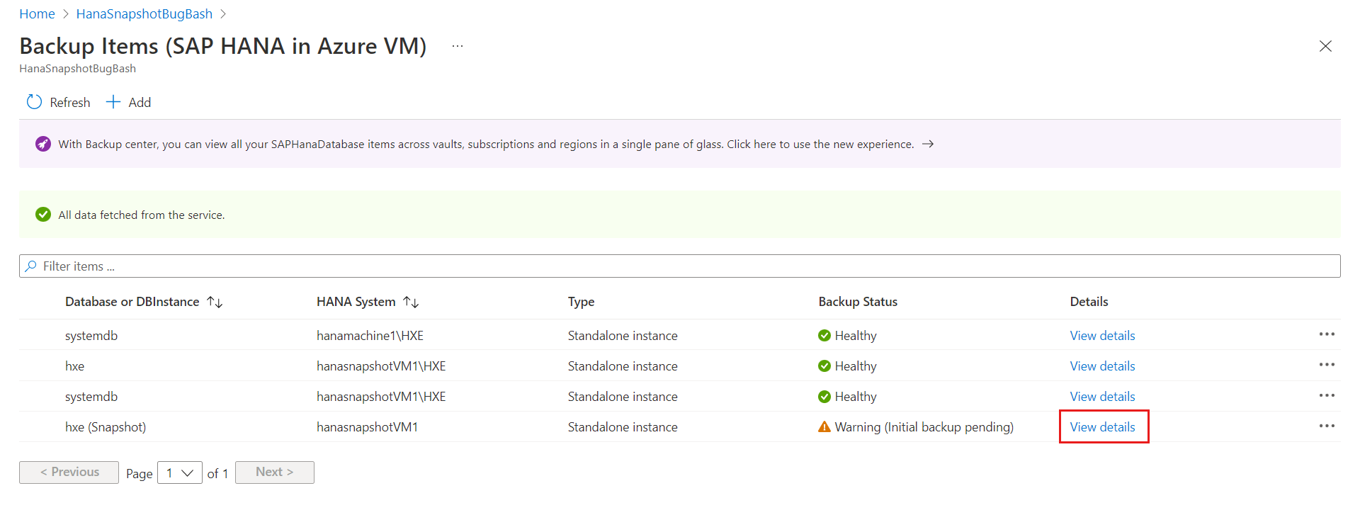 Screenshot der Links „Details anzeigen“ neben den Momentaufnahmeinstanzen der HANA-Datenbank.