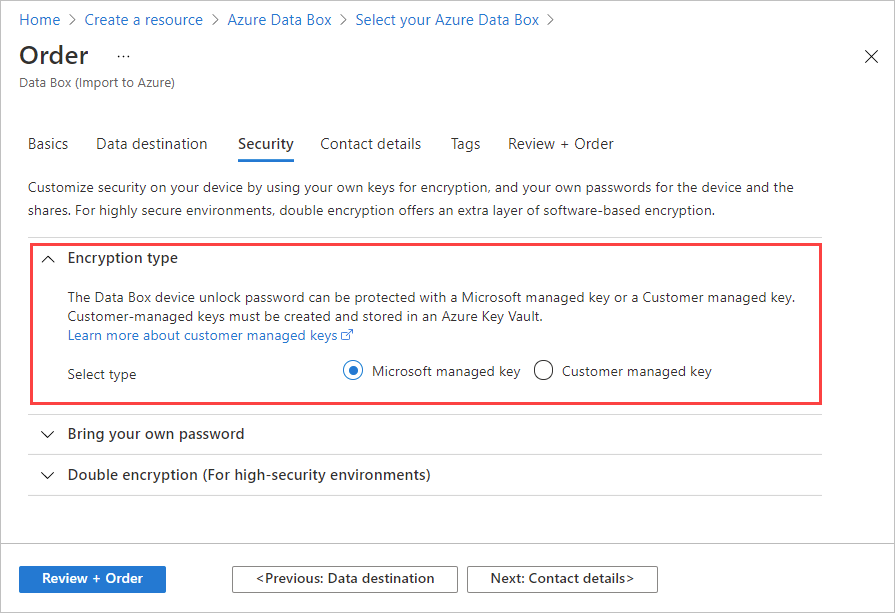 Screenshot: Registerkarte „Sicherheit“ im Assistenten für Data Box-Bestellungen. Die Einstellungen für den Verschlüsselungstyp sind erweitert und hervorgehoben.