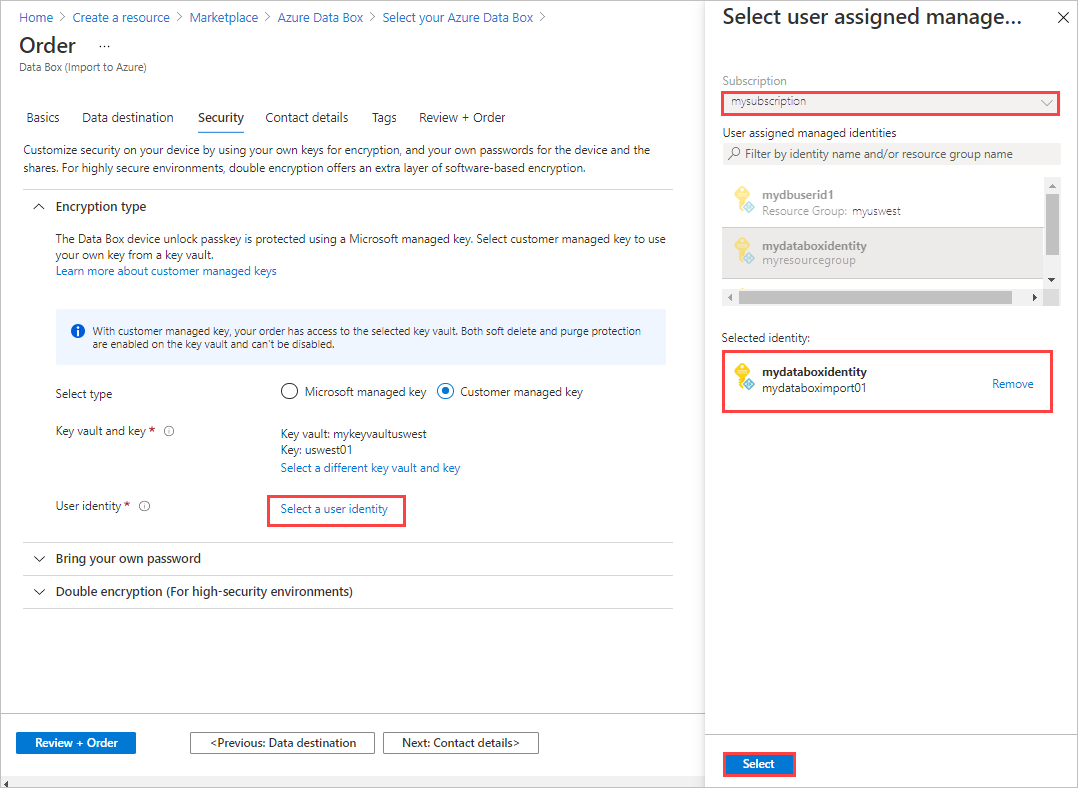 Screenshot: Registerkarte „Sicherheit“ mit dem Bereich „Benutzerseitig zugewiesene verwaltete Identität auswählen“ für eine Data Box-Bestellung. Die Felder „Abonnement“ und „Ausgewählte Identität“ sind hervorgehoben.