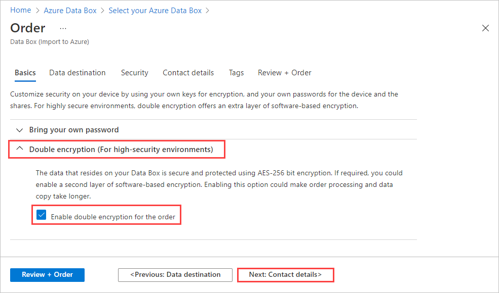 Screenshot: Optionen für die Mehrfachverschlüsselung auf der Registerkarte „Sicherheit“ für eine Data Box-Bestellung. Die Option „Doppelte Verschlüsselung für den Auftrag aktivieren“ und die Schaltfläche „Weiter: Kontaktdetails“ sind hervorgehoben.