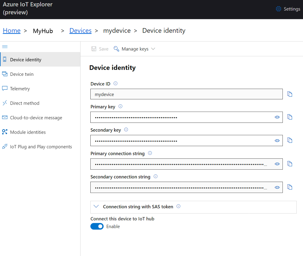 Screenshot: Azure IoT Explorer-Geräteidentität