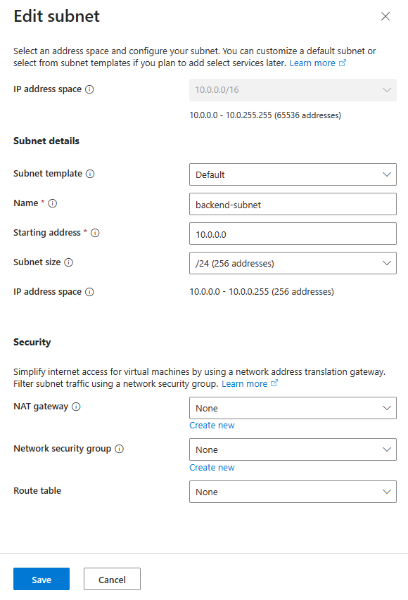 Screenshot des Umbenennens und Konfigurierens des Standardsubnetzes