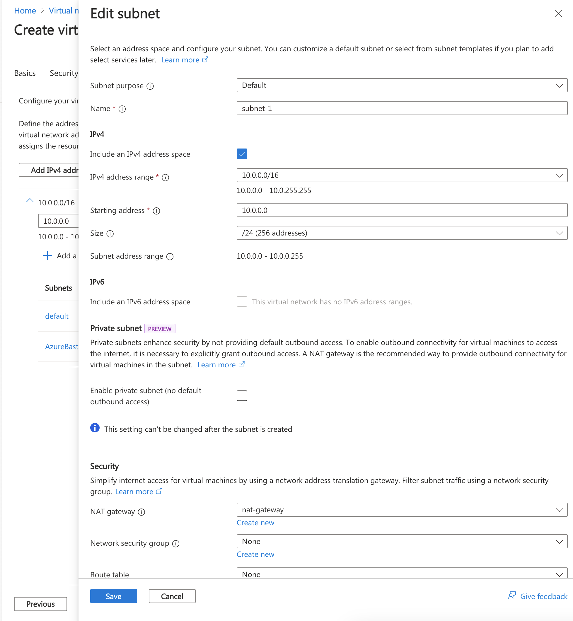 Screenshot des Umbenennens und Konfigurierens des Standardsubnetzes