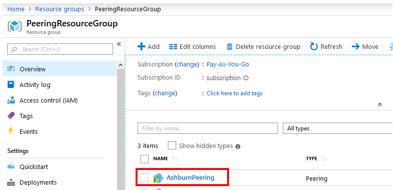 Screenshot that shows the Peering resource yuo created.