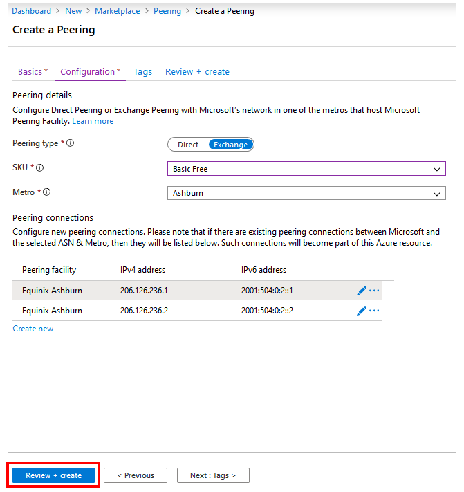 Peering connections list