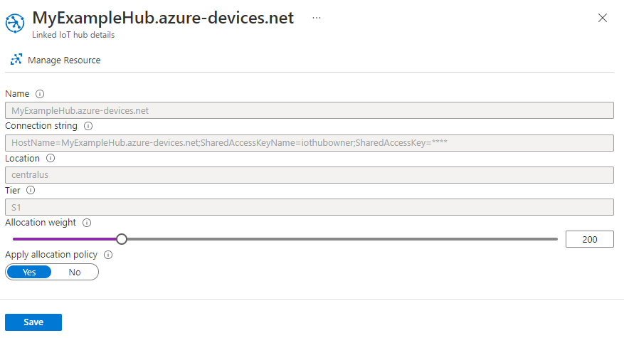 Screenshot: Die Seite mit Details des verknüpften IoT Hubs