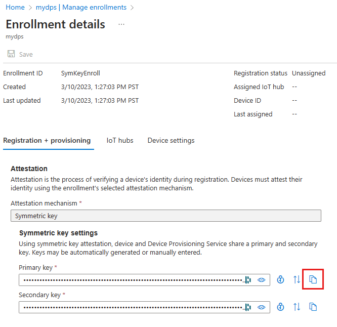 Der Screenshot zeigt die Registrierungsdetails mit hervorgehobener Schaltfläche „Kopieren“ für den Primärschlüssel der Geräteregistrierung.