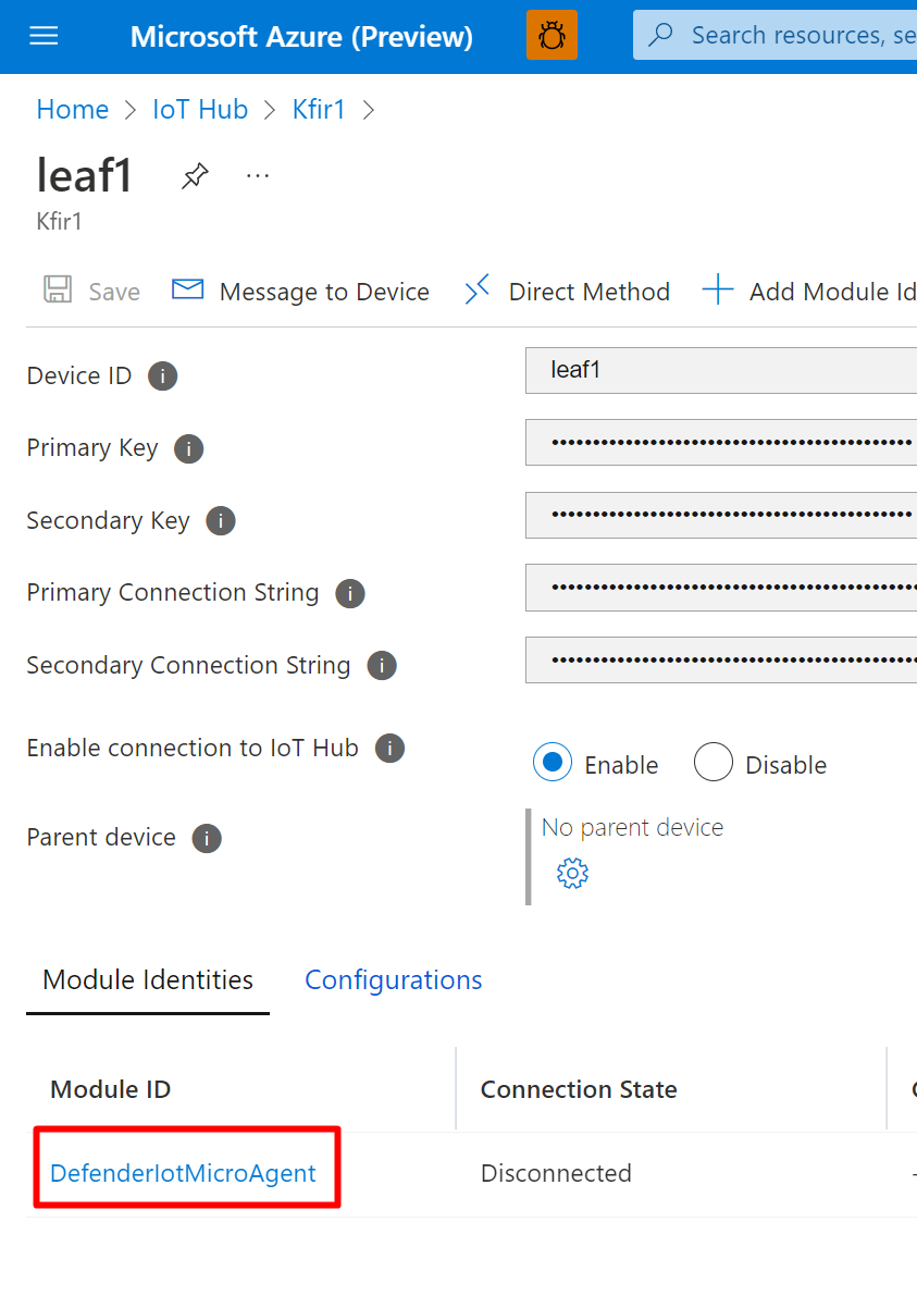 Screenshot: Position des DefenderIotMicroAgent.