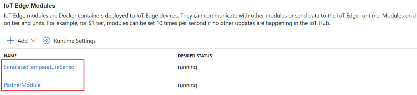 Screenshot mit Modullistenlinks zum Aktualisieren der IoT Edge-Moduleinstellungen im Azure-Portal.