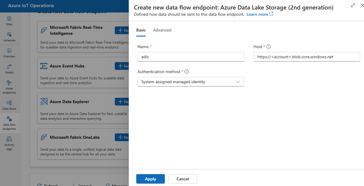 Screenshot der Verwendung der Einsatz-Benutzeroberfläche zum Erstellen eines neuen ADLS V2-Dataflowendpunkts.