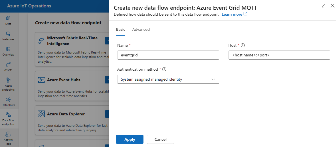 Screenshot: Verwenden der Einsatz-Benutzeroberfläche zum Erstellen eines Azure Event Grid-Endpunkts