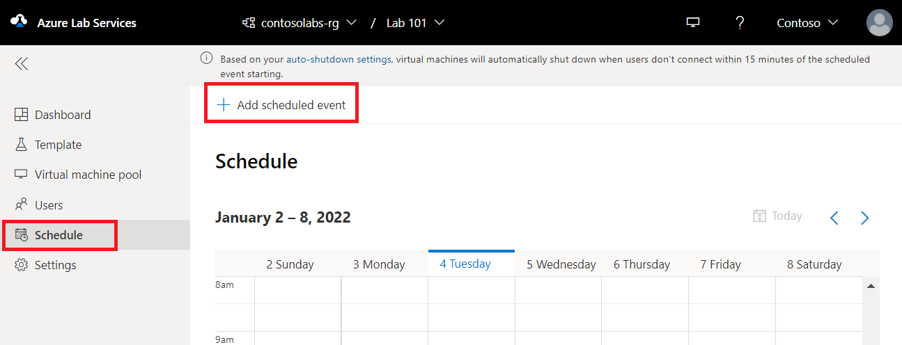 Screenshot: Azure Lab Services-Seite „Zeitplan“ mit ausgewählter Schaltfläche „Add scheduled event“ (Geplantes Ereignis hinzufügen)