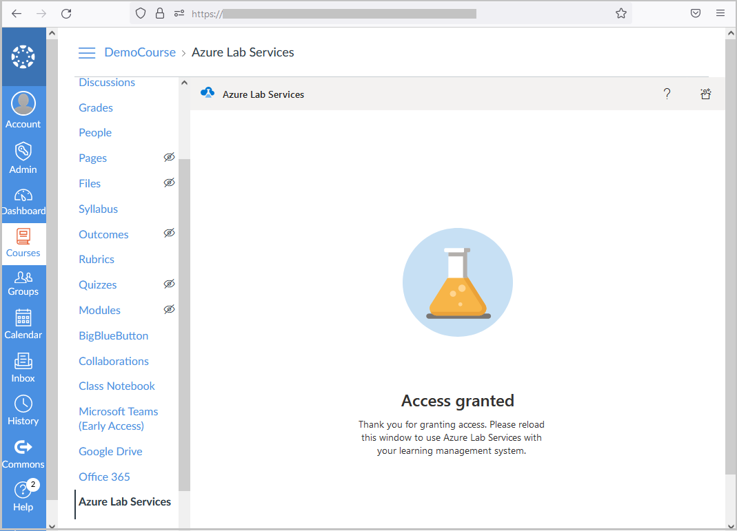 Screenshot: Seite „Zugriff erteilt“ in Azure Lab Services.