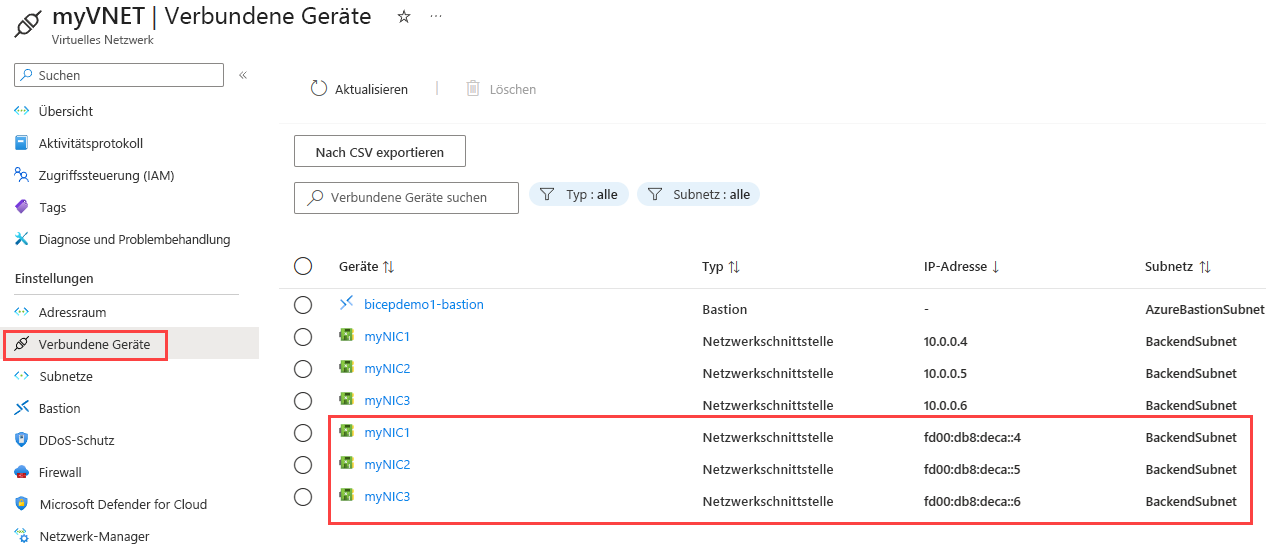 Screenshot der Einstellungen für verbundene Geräte, die IPv4- und IPv6-Adressen auf Netzwerkschnittstellen anzeigen.