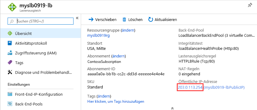 Azure Load Balancer Standard – Resource Manager-Vorlage: Öffentliche IP-Adresse