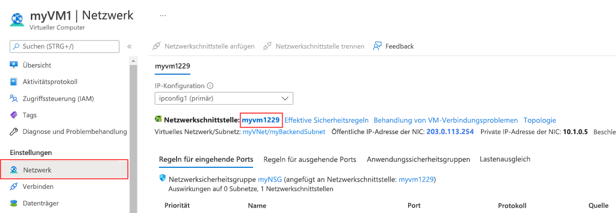 Screenshot: Übersicht über VM-Netzwerk