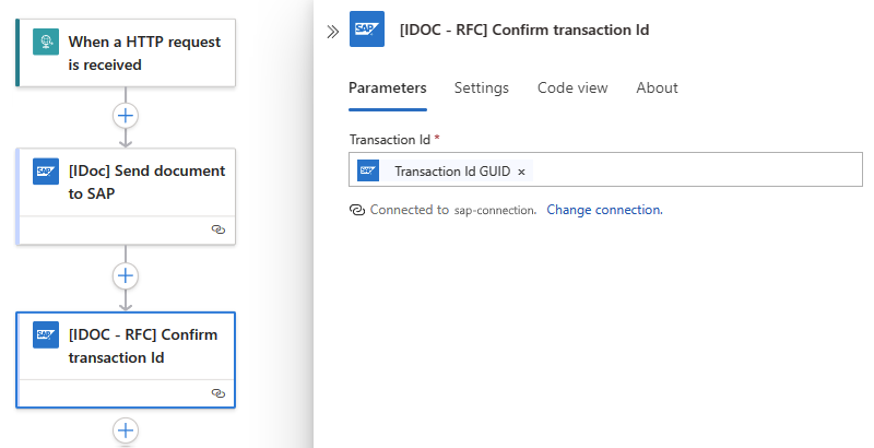 Screenshot: Standardworkflow mit der Aktion mit dem Namen „Transaktions-ID bestätigen“, die die GUID-Ausgabe der vorherigen Aktion enthält.