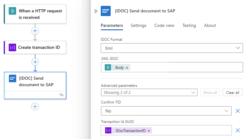 Screenshot: Verbrauchsworkflow mit der Aktion mit dem Namen „IDOC Dokument an SAP senden“.