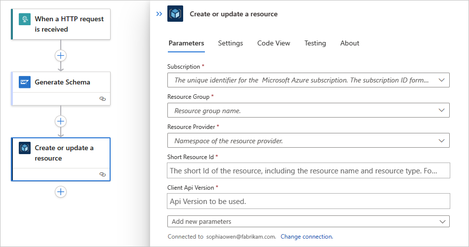 Screenshot, der den Standardworkflow und eine Azure Resource Manager-Aktion namens „Erstellen oder Aktualisieren einer Ressource“ zeigt.