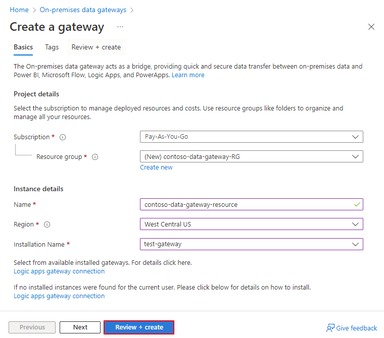 Screenshot der Seite zum Erstellen eines Gateways. Die Felder Name, Region und andere Felder enthalten Werte. Die Schaltfläche „Überprüfen + Erstellen“ ist ausgewählt.