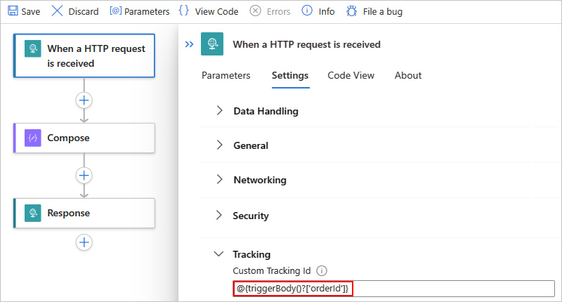 Screenshot des Azure-Portals, der Standardworkflows, der ausgewählten Option Anforderungstrigger, der Registerkarte Einstellungen und der benutzerdefinierten Nachverfolgungs-ID.