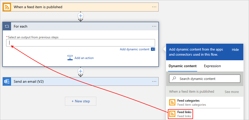 Screenshot des Azure-Portals, des Designers für den Workflow im Tarif „Verbrauch“, einer „For each“-Aktion und der geöffneten Liste mit dynamischen Inhalten