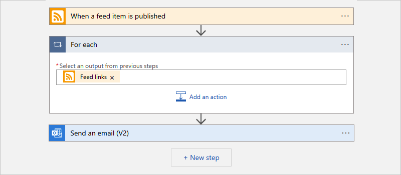 Screenshot eines Verbrauchsworkflows und einer „For each“-Aktion mit ausgewählter Arrayausgabe