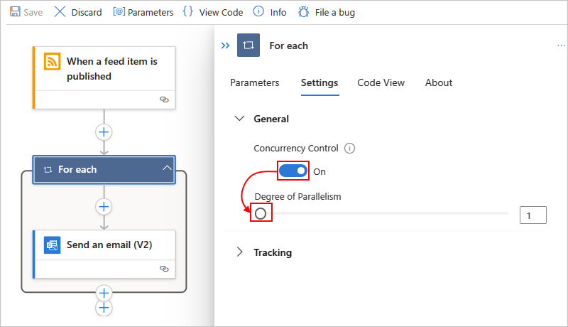 Screenshot eines Standardworkflows und einer „For each“-Aktion mit aktivierter Parallelitätssteuerung und einem Parallelitätsgrad von „1“