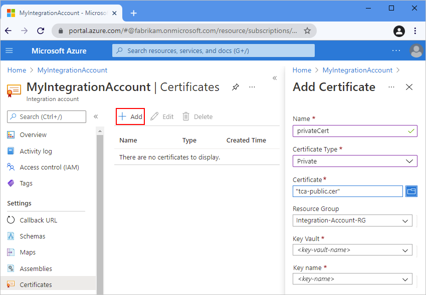 Screenshot von Azure-Portal und Integrationskonto mit ausgewählter Option „Hinzufügen“ und dem Bereich „Zertifikat hinzufügen“ mit Details zum privaten Zertifikat