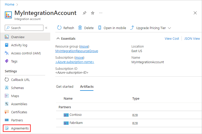 Screenshot des Azure-Portals, in dem die Seite des Integrationskontos geöffnet ist. Im Navigationsmenü ist die Option „Vereinbarungen“ ausgewählt.