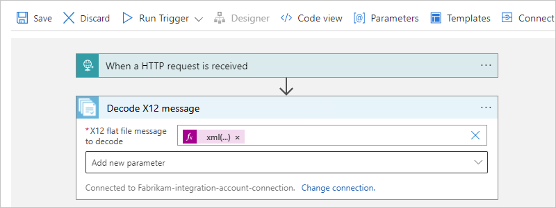 Screenshot eines Verbrauchsworkflows, einer Aktion namens „In X12-Nachricht decodieren“ und der Aktionseigenschaften