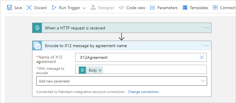 Screenshot eines Verbrauchsworkflows, einer Aktion namens „In X12-Nachricht nach Vereinbarungsname codieren“ und der Aktionseigenschaften