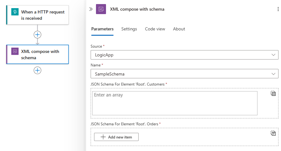 Screenshot: Standardworkflow mit geöffneter Liste dynamischer Inhalte und Arrayparameter.