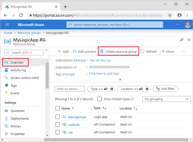 Screenshot der ausgewählten Optionen „Ressourcengruppen“, „Übersicht“, „Ressourcengruppe löschen“