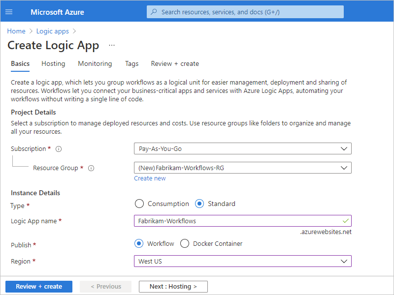 Screenshot, der das Azure-Portal und die Seite „Logik-App erstellen“ mit der Registerkarte „Grundlagen“ zeigt