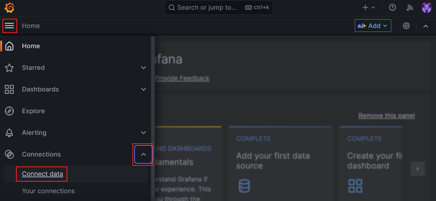 Screenshot des Grafana-Dashboards. Zugreifen auf Datenquellen.