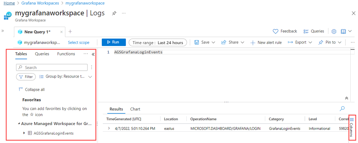 Screenshot der Azure-Plattform. Filter und Spalten einer Protokollabfrage.