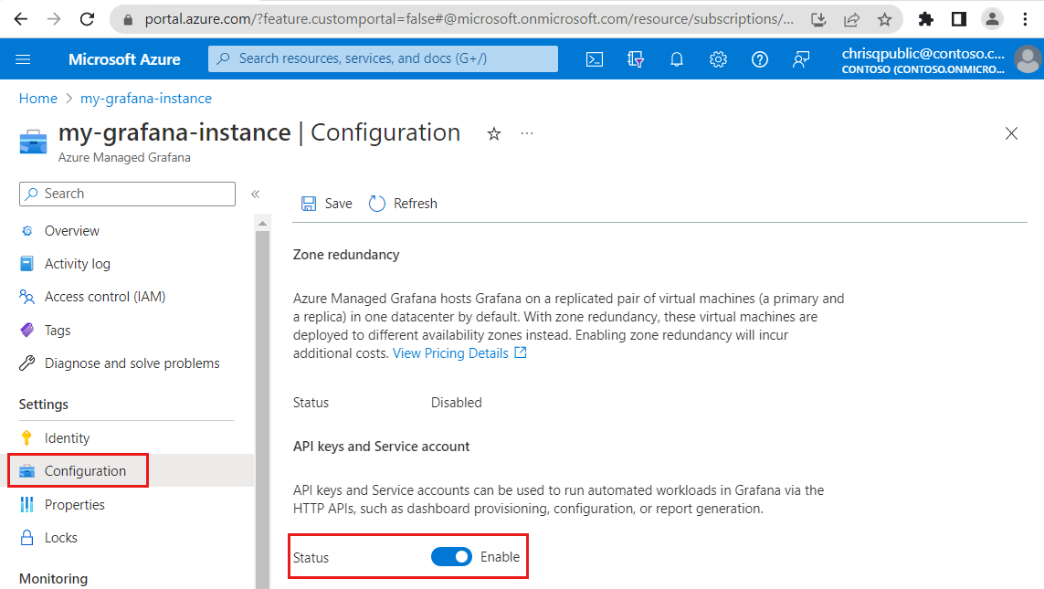 Screenshot: Azure-Plattform. Aktivieren von Dienstkonten.