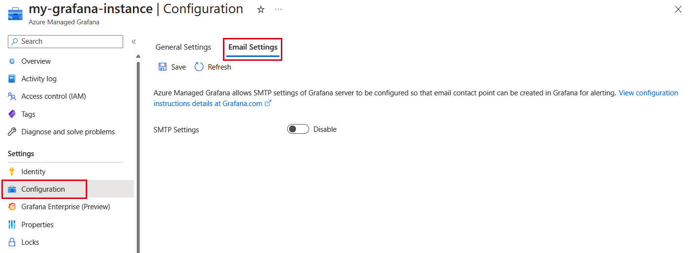 Screenshot: Azure-Plattform. Auswahl der Registerkarte „SMTP-Einstellungen“.