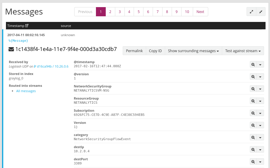 Screenshot mit Meldungsdetails vom Graylog-Server.