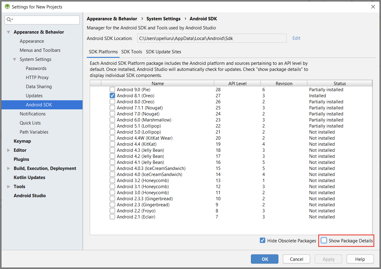 Android SDK Manager – Auswählen der Zielversion