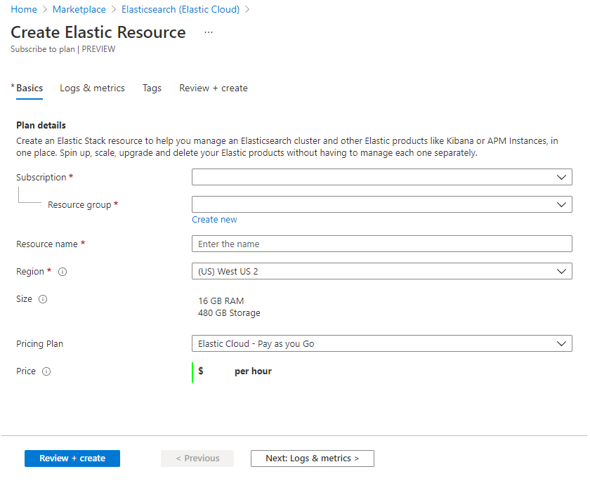 Formular zum Einrichten der Elastic-Ressource