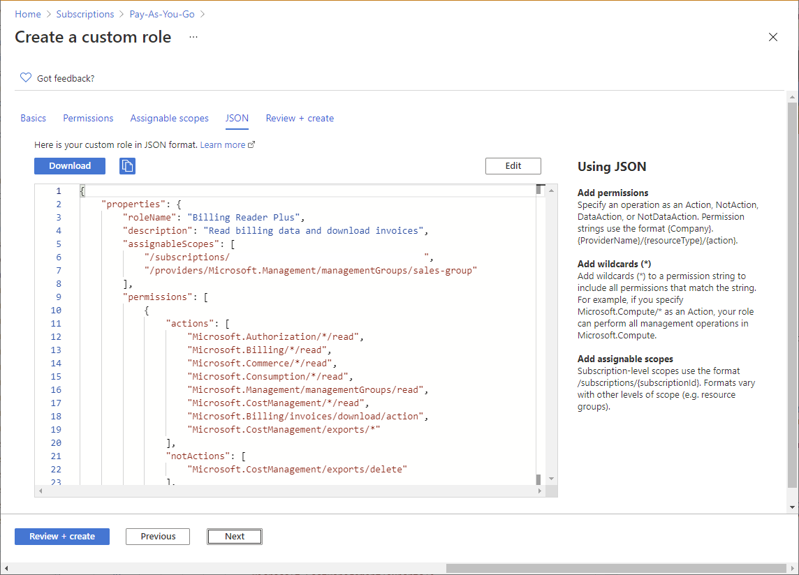 Die Registerkarte „JSON“ mit benutzerdefinierter Rolle