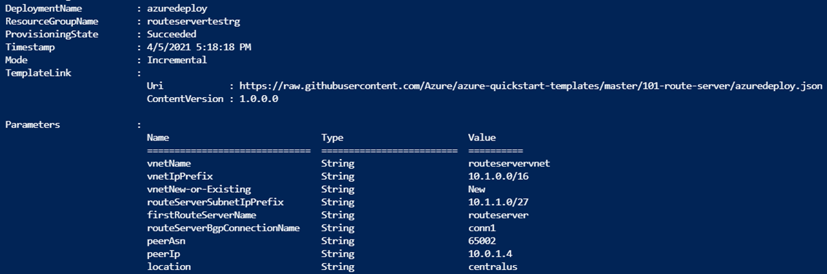 Ausgabe der PowerShell-Bereitstellung für die Route Server Resource Manager-Vorlage.