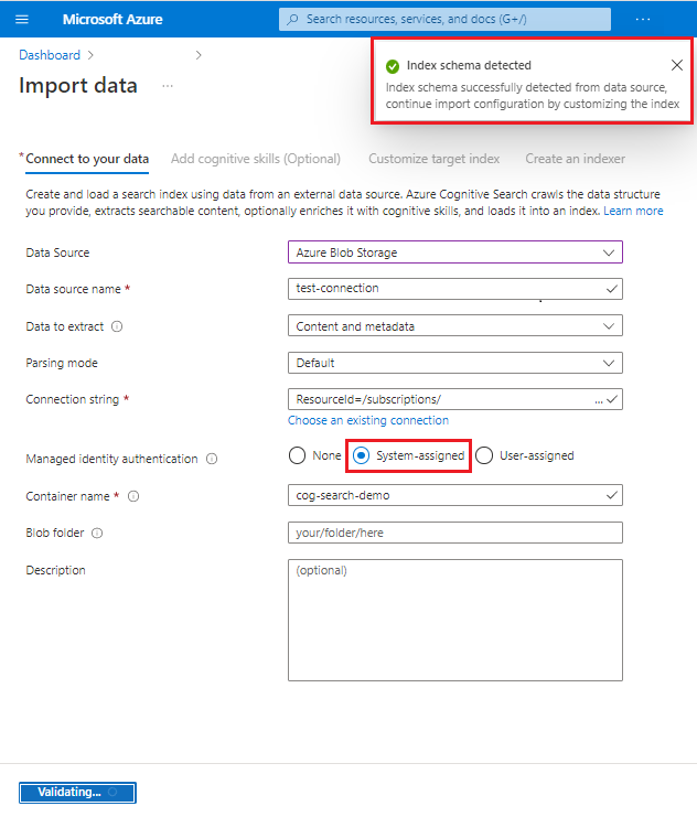 Screenshot: Seite „Datenquellenverbindung“ des Datenimport-Assistenten.