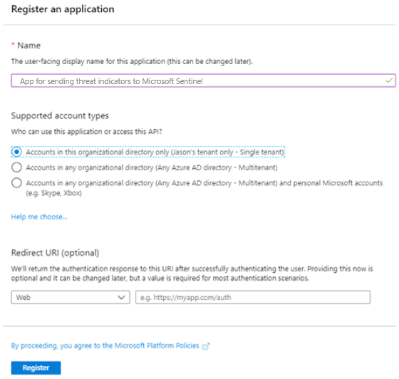 Screenshot der Registrierung einer Anwendung