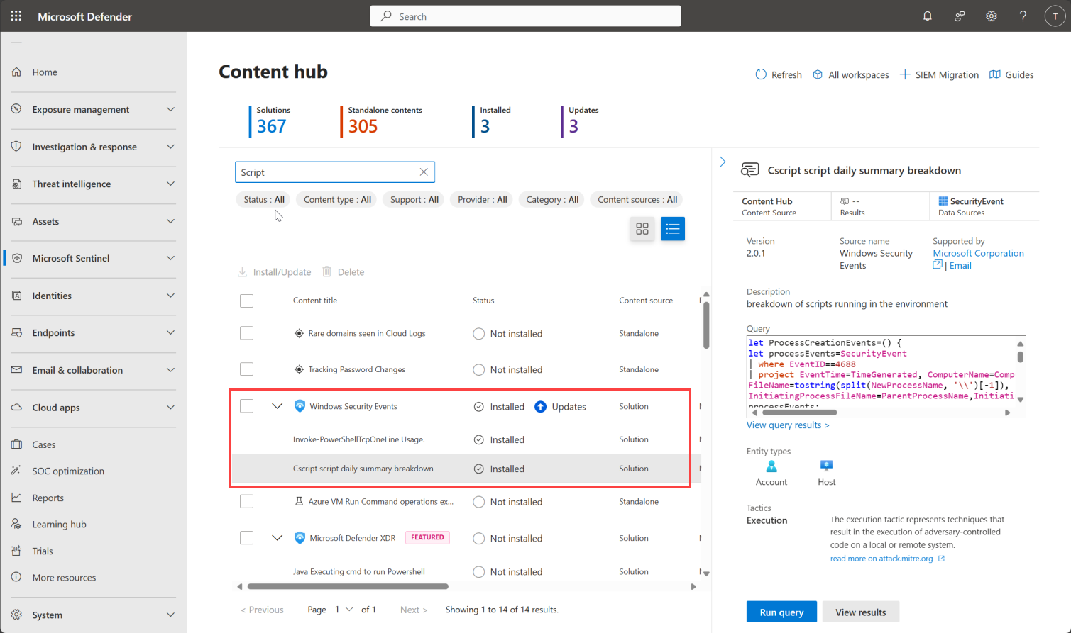 Screenshot des Microsoft Sentinel-Inhaltshubs im Defender-Portal.