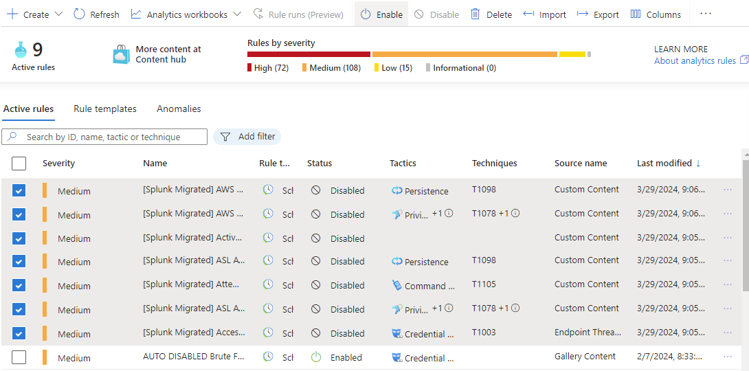 Screenshot mit Analyseregeln mit hervorgehobenen bereitgestellten Splunk-Regeln, die für die Aktivierung bereit sind.