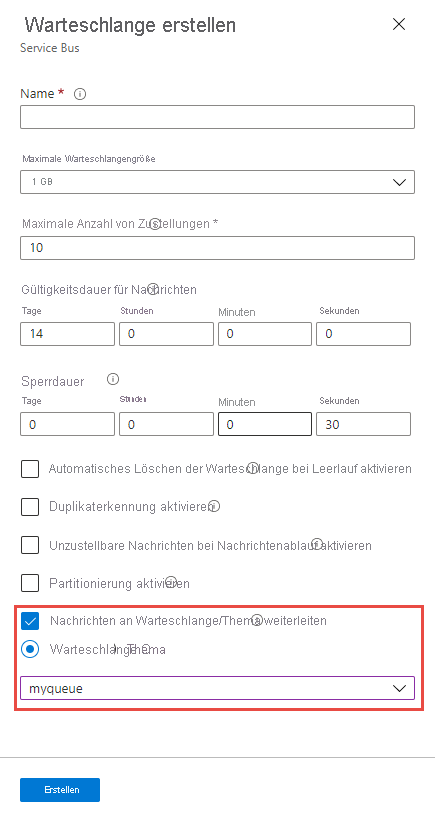 Aktivieren der automatischen Weiterleitung zum Zeitpunkt der Erstellung der Warteschlange